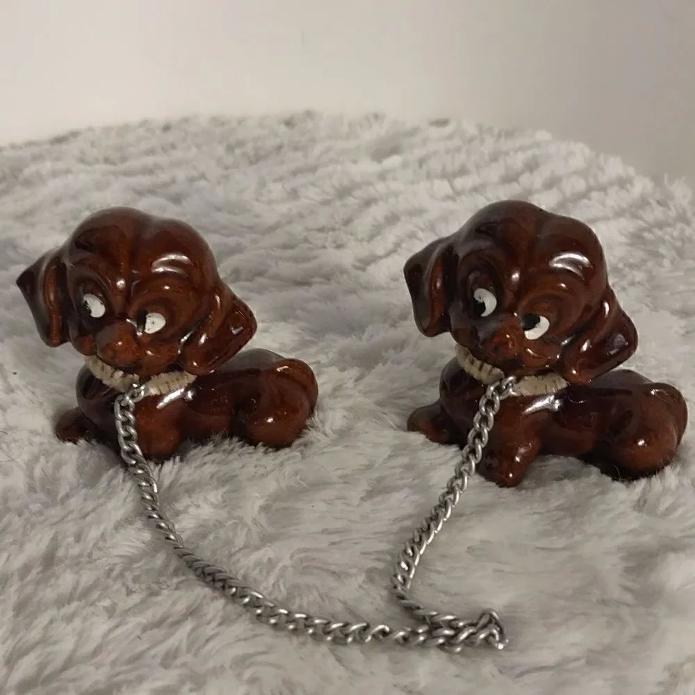 Two Vtg. Redware Terracotta Puppy Figurines w/ Chain Leash.